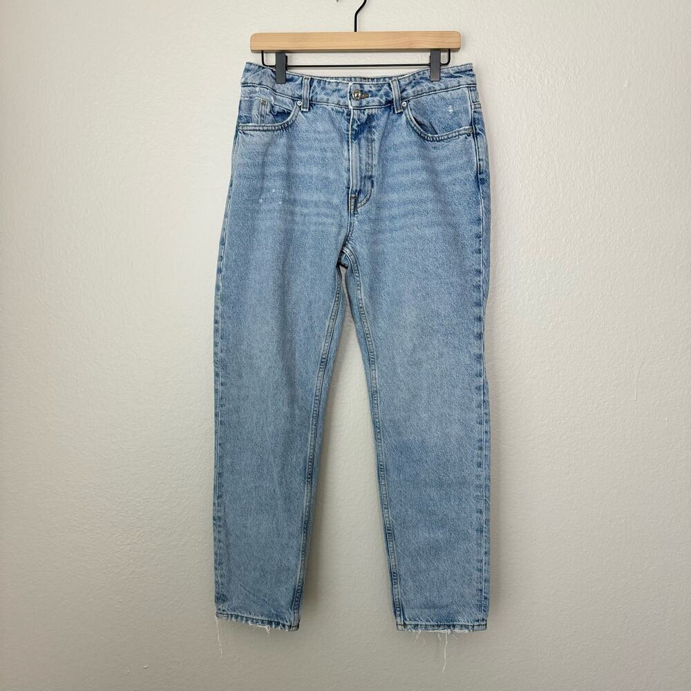 ZARA Womens Light Wash High-Rise Jean Straight Leg Distressed Raw Hem Size 8